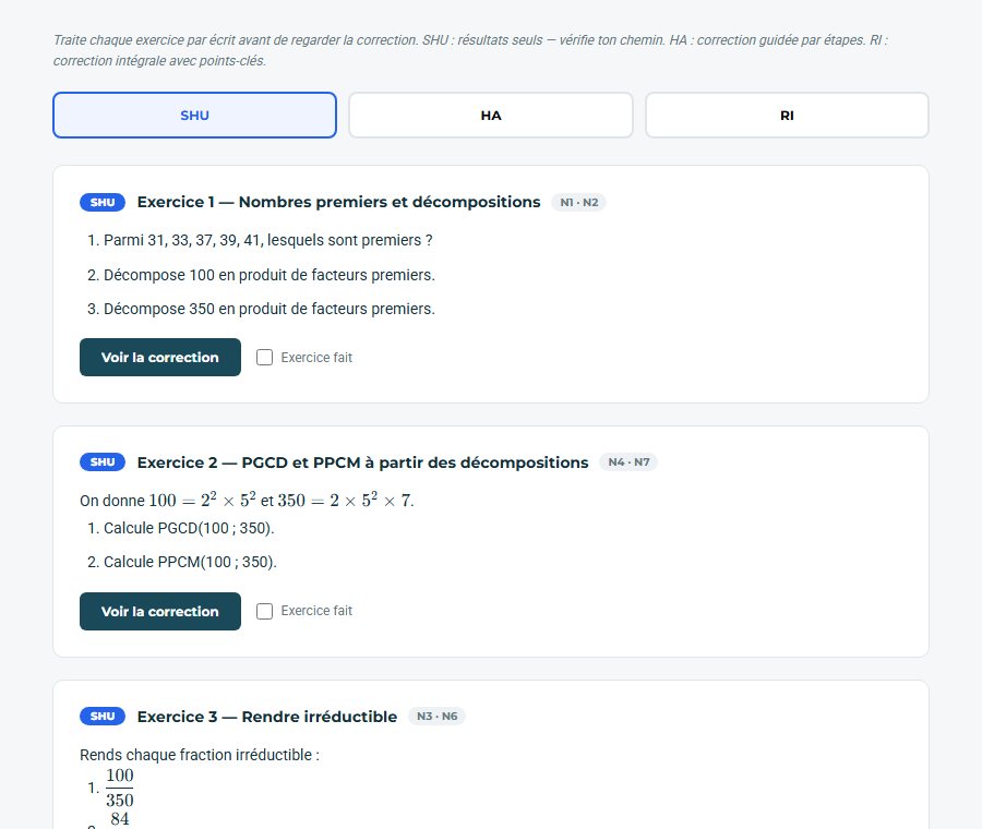 Capture d'écran — un exercice corrigé de la Plateforme, chapitre 1 de 3e