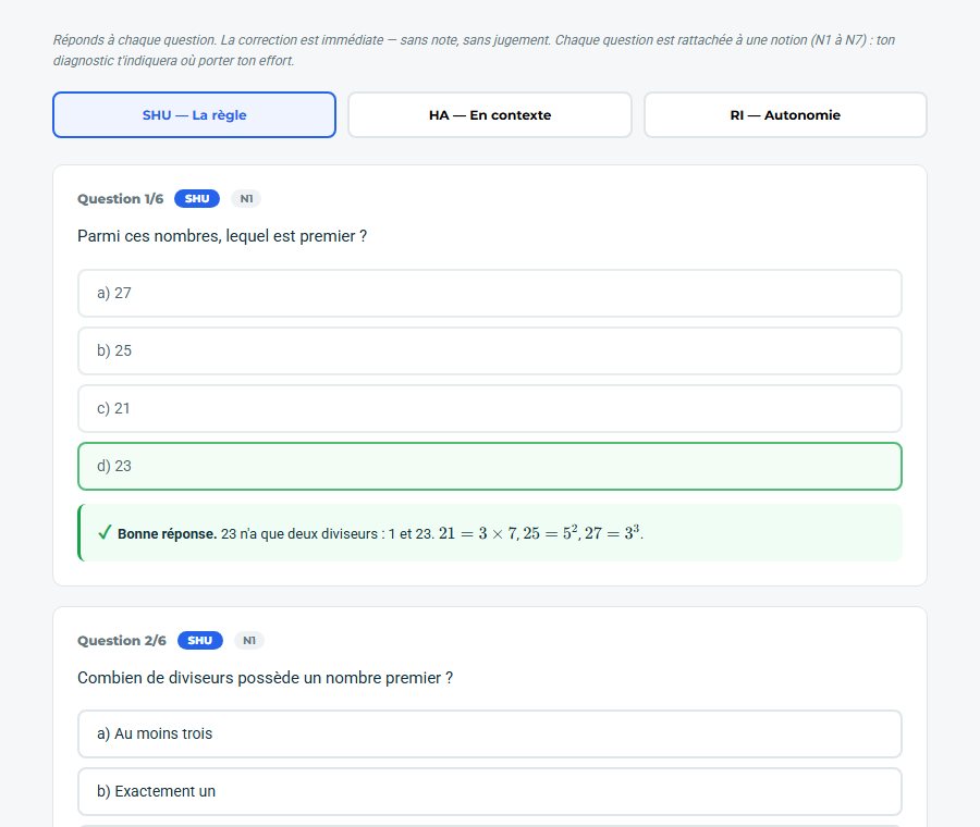 Capture d'écran — un quiz auto-correctif de la Plateforme, chapitre 1 de 3e